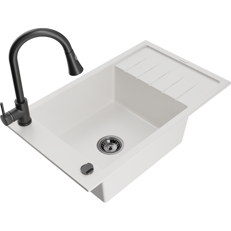 Mexen Elias évier granitique 1 compartiment avec égouttoir et robinet de cuisine Elia, blanc - 6511-20-670101-70
