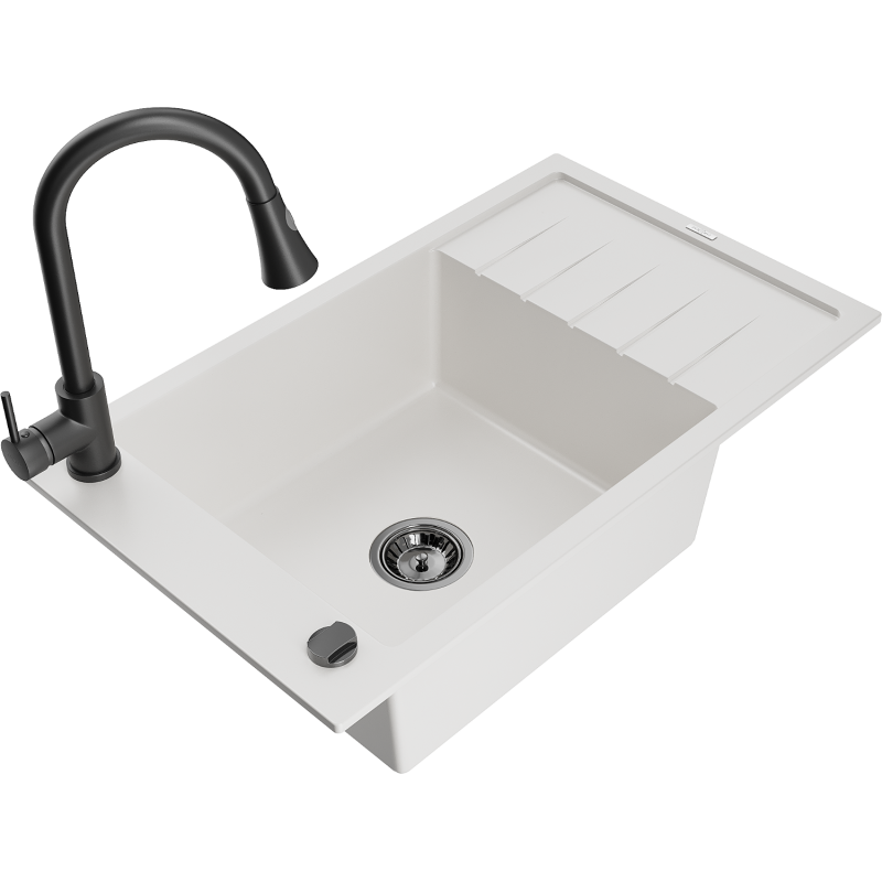 Mexen Elias fregadero de granito de 1 seno con escurridor y grifo de cocina Elia, blanco - 6511-20-670101-70