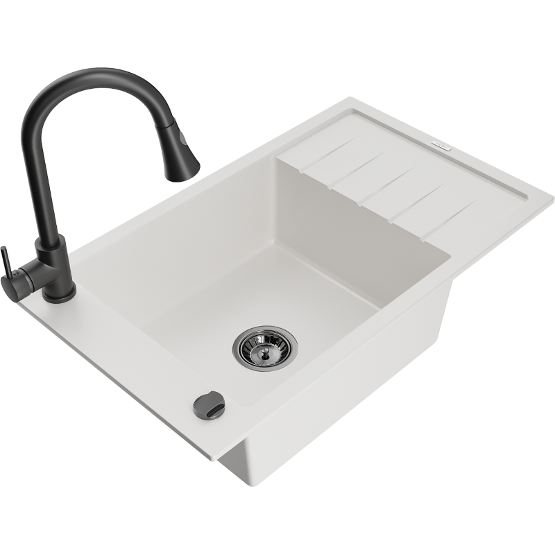 Mexen Elias lava-loiça de granito de uma bacia com escorredor e torneira de cozinha Elia, branco - 6511-20-670101-70