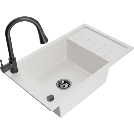 Mexen Elias fregadero de granito de 1 seno con escurridor y grifo de cocina Elia, blanco - 6511-20-670101-70