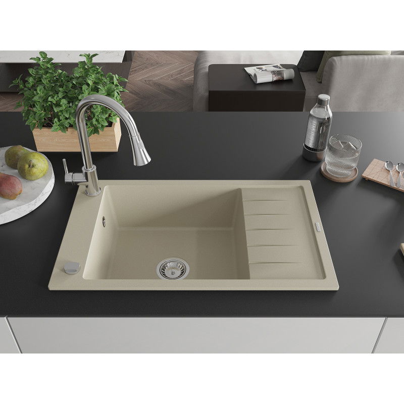 Mexen Elias 1-bowl granite sink with drainer and Elia kitchen tap, beige - 6511-69-670101-00