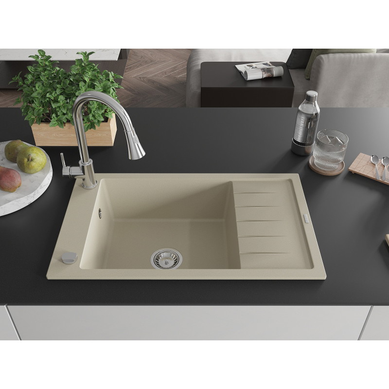 Mexen Elias granitische gootsteen 1-komorige met afdruipblad en keukenmengkraan Elia, beige - 6511-69-670101-00