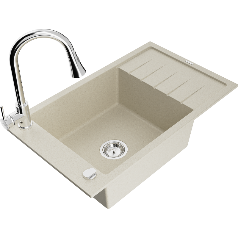 Mexen Elias fregadero de granito de 1 cubeta con escurridor y grifo de cocina Elia, beige - 6511-69-670101-00