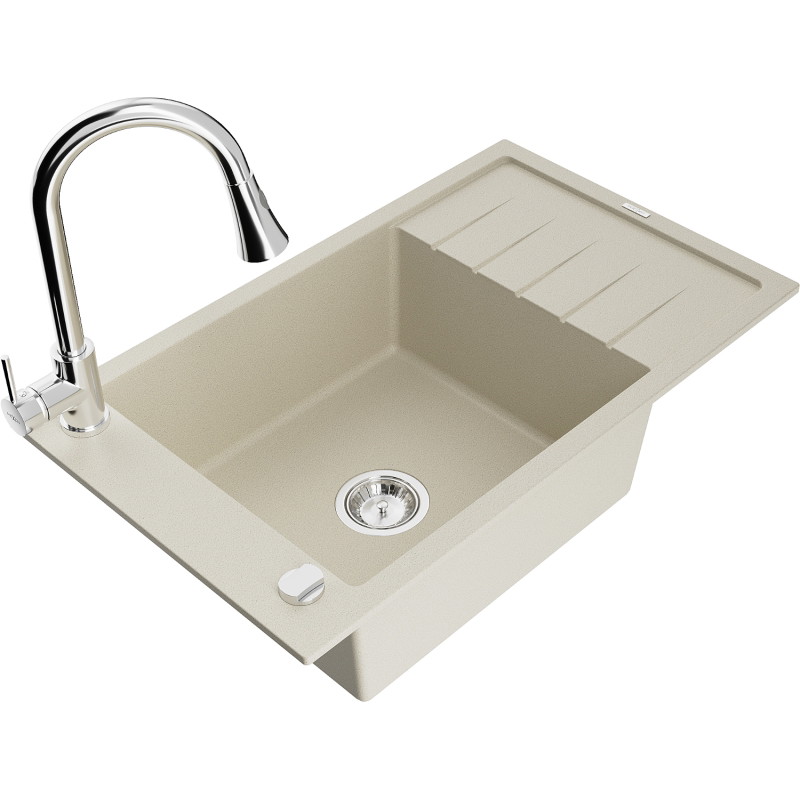 Mexen Elias fregadero de granito de 1 tazón con escurridor y grifo de cocina Elia, beige - 6511-69-670101-00