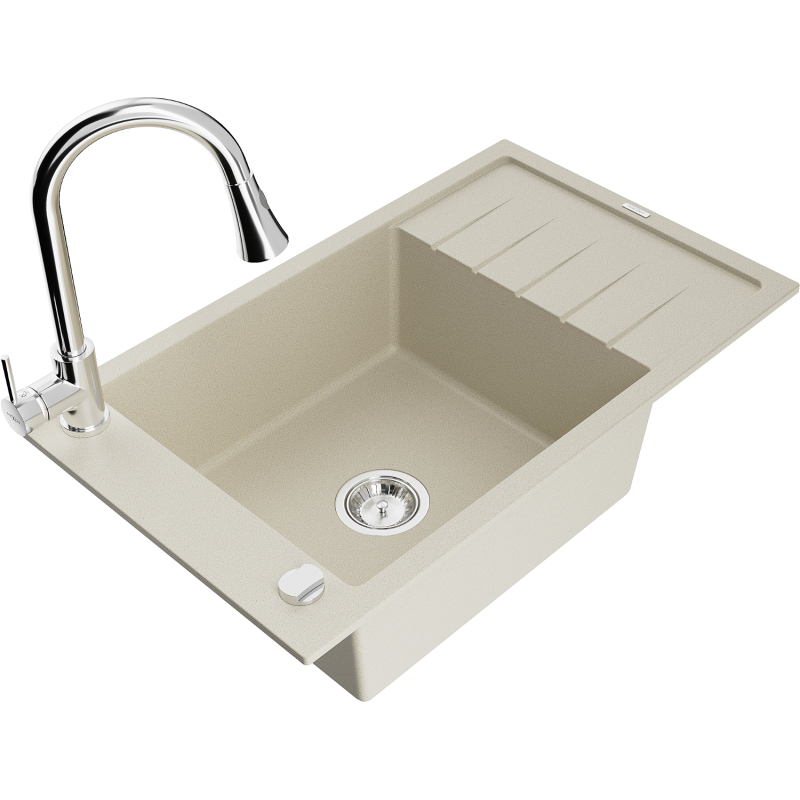 Mexen Elias Granit-Évier mat engem Becken mat Ofleefer an Kichenbatterie Elia, beige - 6511-69-670101-00