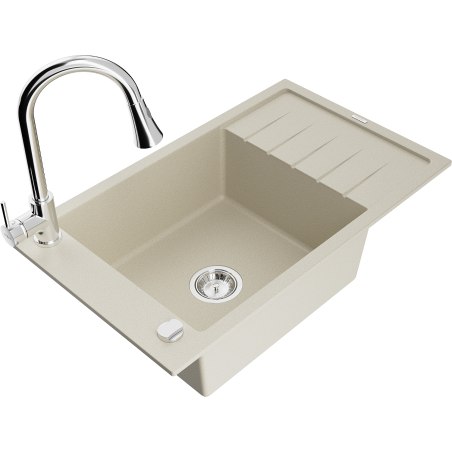 Mexen Elias Granitspüle 1-beckig mit Abtropffläche und Küchenarmatur Elia, beige - 6511-69-670101-00