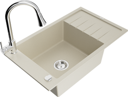 Mexen Elias 1-bowl granite sink with drainer and Elia kitchen tap, beige - 6511-69-670101-00