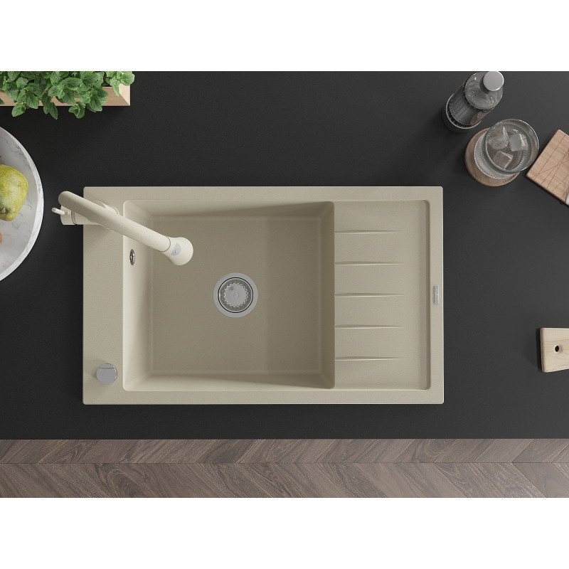 Mexen Elias fregadero de granito de 1 seno con escurridor y grifo de cocina Elia, beige - 6511-69-670101-69