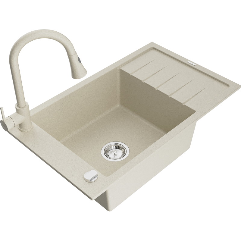 Mexen Elias granieten enkele spoelbak met afdruiprek en keukenkraan Elia, beige - 6511-69-670101-69