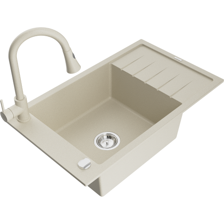 Mexen Elias 1-bowl granite sink with drainer and Elia kitchen faucet, beige - 6511-69-670101-69