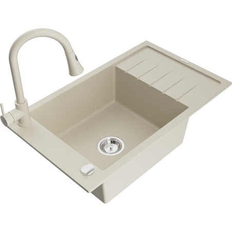 Mexen Elias 1-komorige granieten spoelbak met afdruiprek en keukenkraan Elia, beige - 6511-69-670101-69