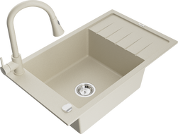 Mexen Elias fregadero de granito 1 cubeta con escurridor y grifo de cocina Elia, beige - 6511-69-670101-69