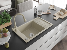 Mexen Elias Granitspüle 1-Becken mit Abtropffläche und Küchenarmatur Elia, beige - 6511-69-670101-69