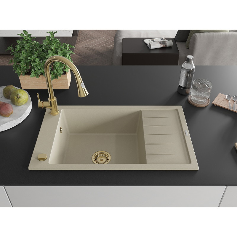 Mexen Elias fregadero de granito de 1 compartimento con escurridor y grifo de cocina Elia, beige - 6511-69-670101-50
