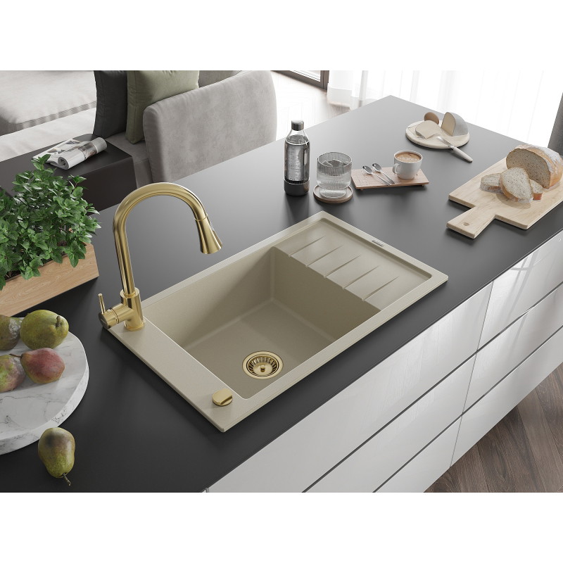 Mexen Elias fregadero de granito de 1 compartimento con escurridor y grifo de cocina Elia, beige - 6511-69-670101-50