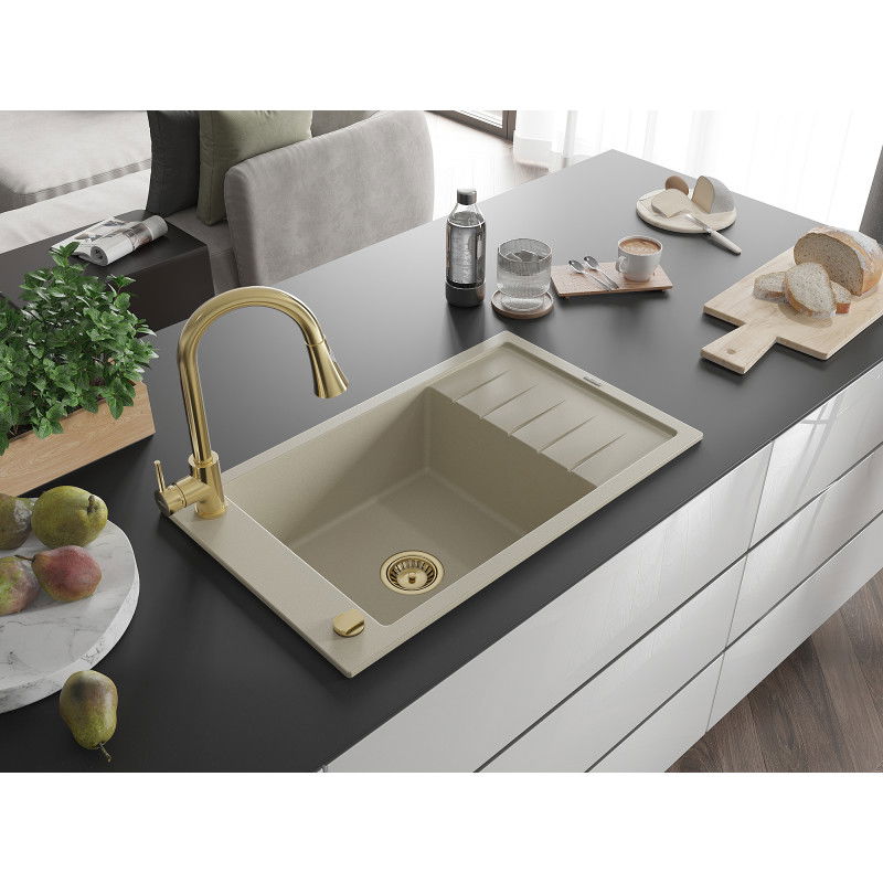 Mexen Elias granite sink 1-bowl with drainer and Elia kitchen tap, beige - 6511-69-670101-50
