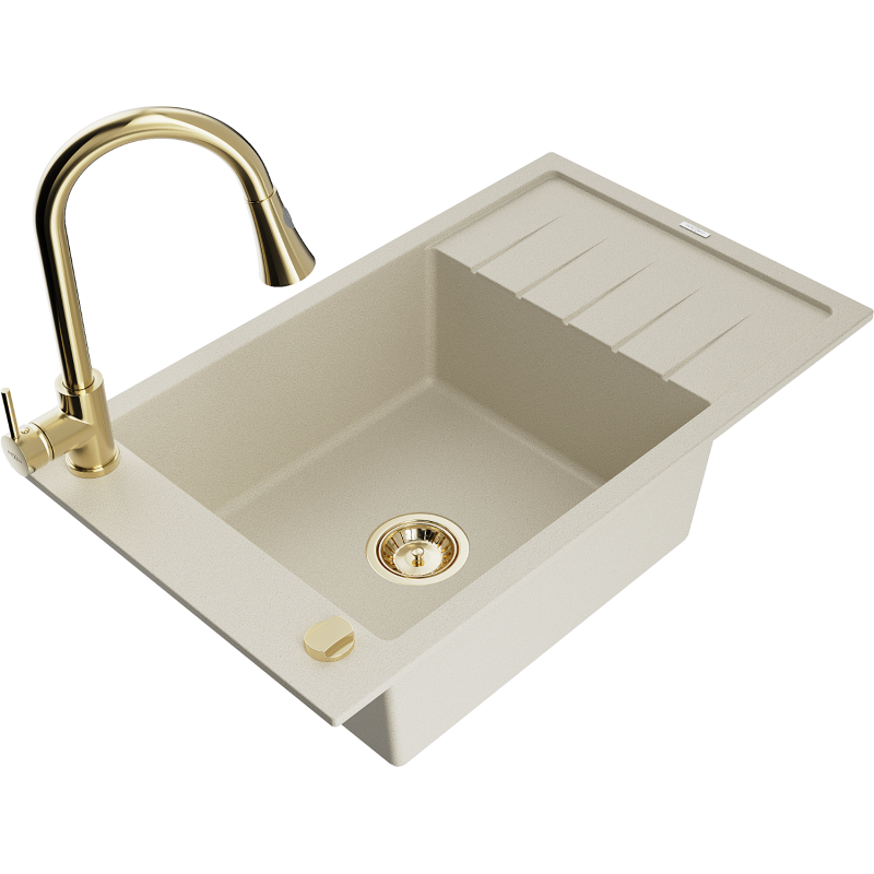 Mexen Elias gootsteen granieten 1-komors met afdruiprek en keukenmengkraan Elia, beige - 6511-69-670101-50