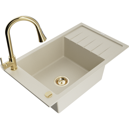 Mexen Elias granit gootsteen met 1 bak, afdruiprek en keukenkraan Elia, beige - 6511-69-670101-50