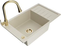 Mexen Elias Granitspüle 1-beckig mit Abtropffläche und Küchenarmatur Elia, beige - 6511-69-670101-50