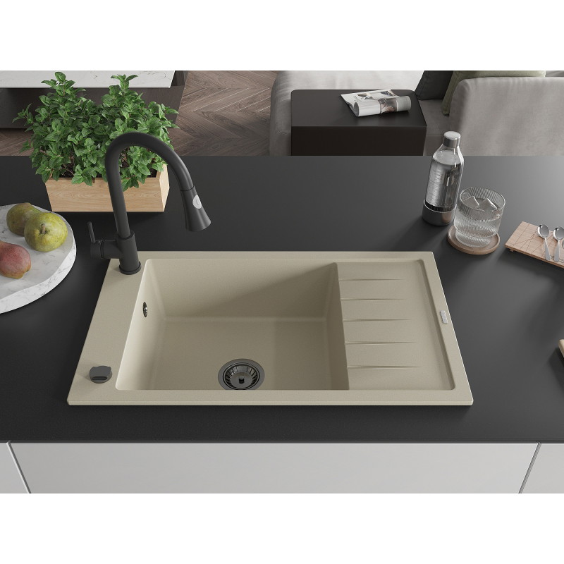 Mexen Elias granitspüle einbau 1-becken mit abtropffläche und küchenarmatur Elia, beige - 6511-69-670101-70