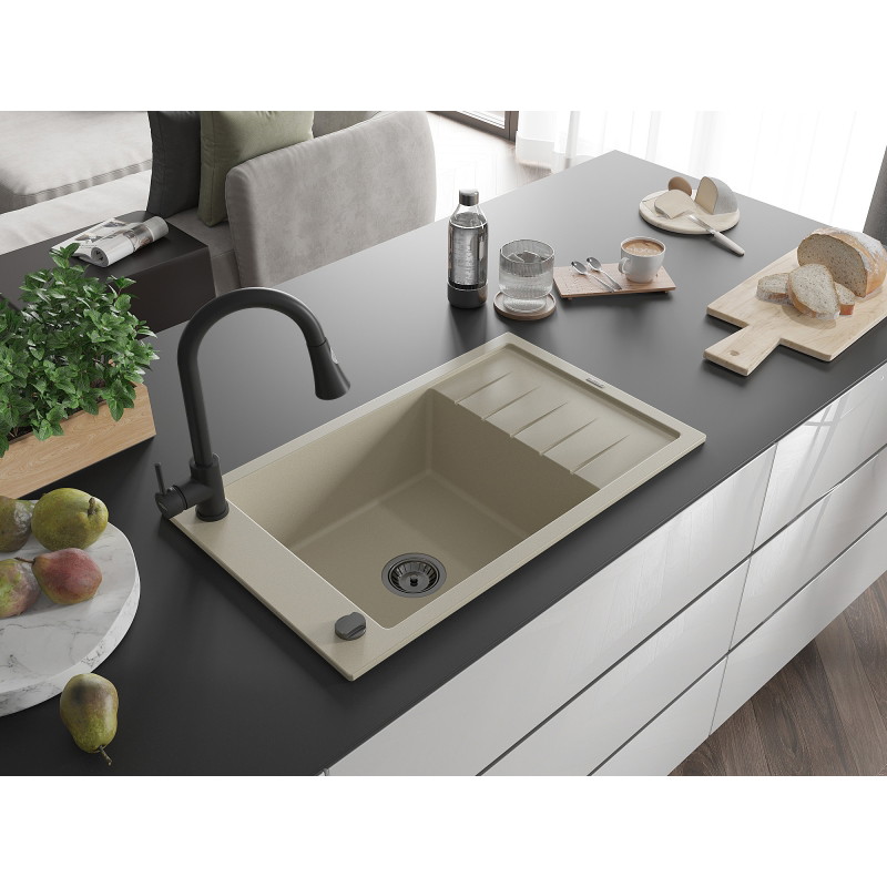 Mexen Elias granitische 1-kommer spoelbak met afdruiprek en keukenmengkraan Elia, beige - 6511-69-670101-70