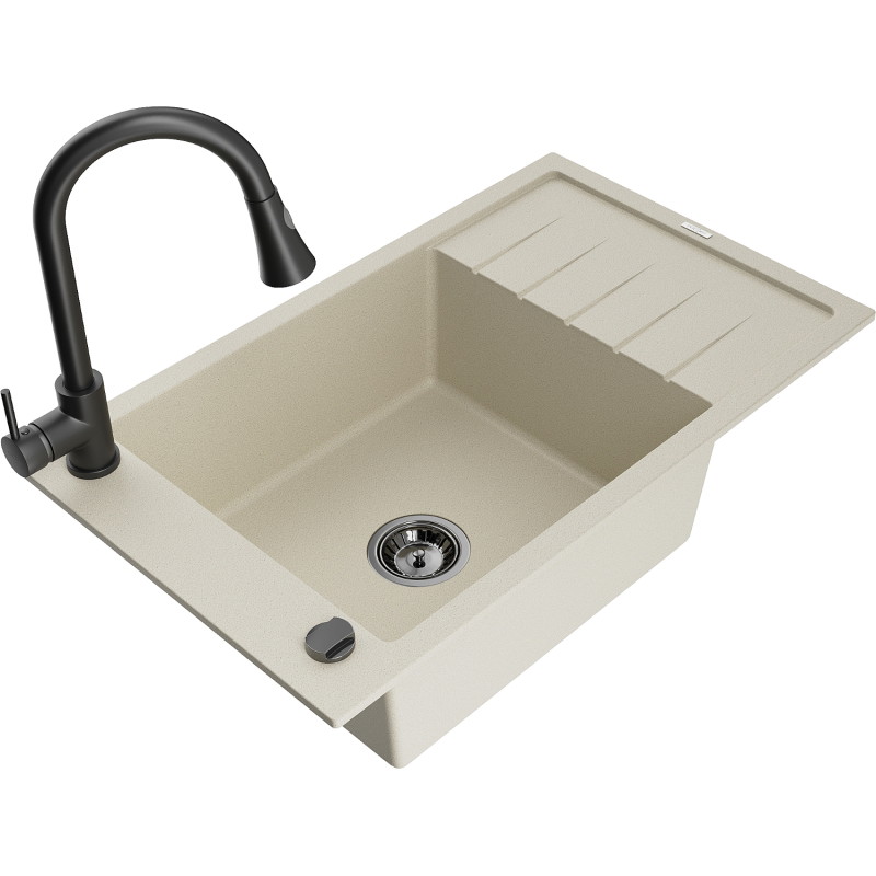 Mexen Elias fregadero de granito de un seno con escurridor y grifo de cocina Elia, beige - 6511-69-670101-70