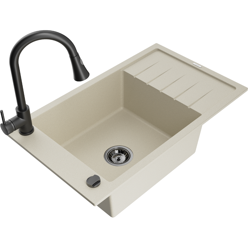 Mexen Elias lavello in granito a 1 vasca con sgocciolatoio e rubinetto da cucina Elia, beige- 6511-69-670101-70