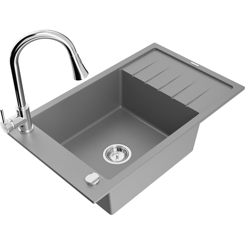 Mexen Elias évier en granit 1 cuve avec égouttoir et robinet de cuisine Elia, gris - 6511-71-670101-00