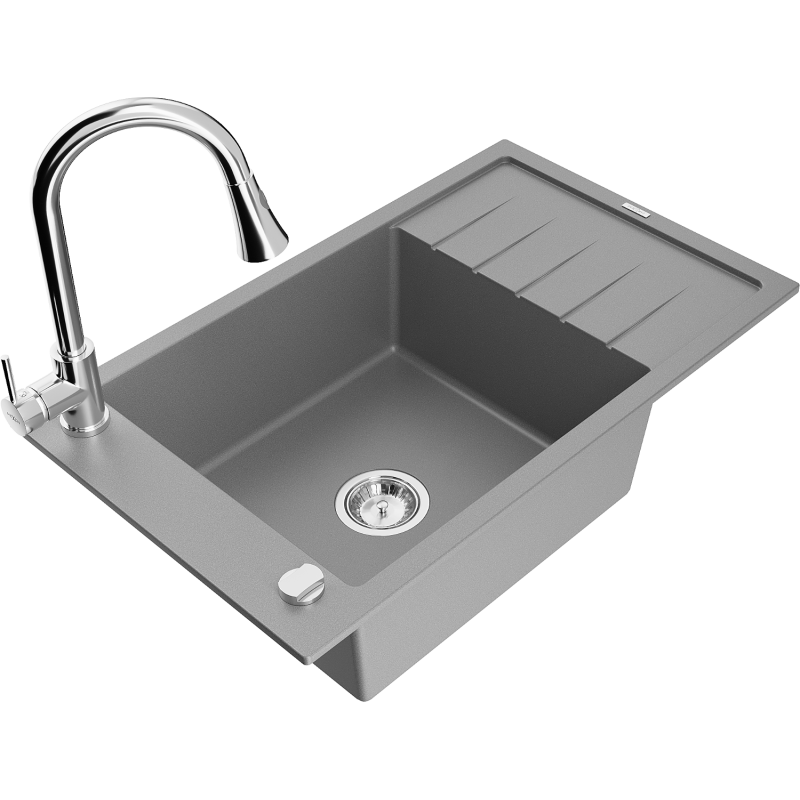 Mexen Elias single-bowl granite sink with drainer and kitchen tap Elia, grey - 6511-71-670101-00