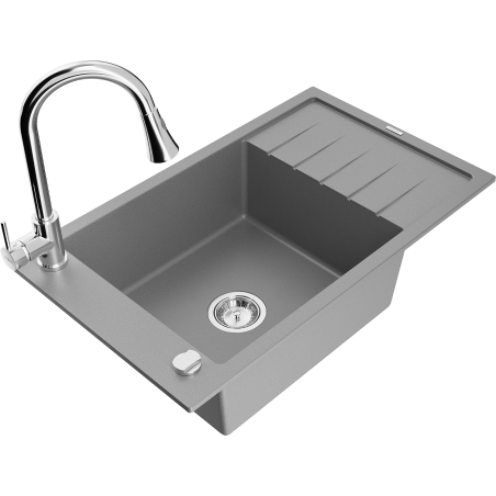 Mexen Elias évier en granit 1 cuve avec égouttoir et robinet de cuisine Elia, gris - 6511-71-670101-00