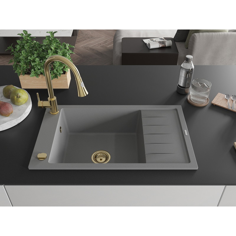 Mexen Elias fregadero de granito de 1 cubeta con escurridor y grifo de cocina Elia, gris - 6511-71-670101-50