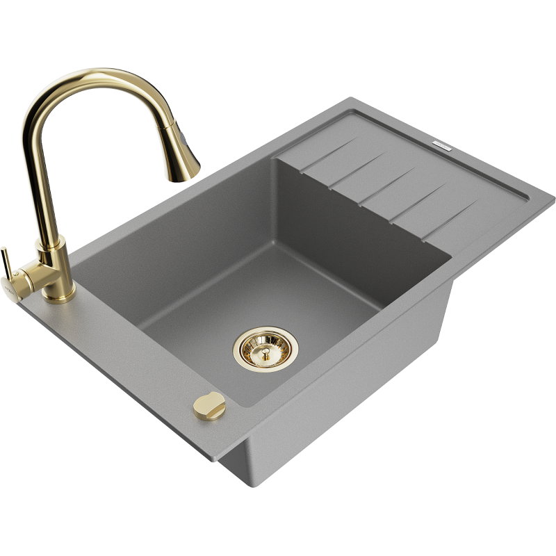 Mexen Elias fregadero de granito 1 cubeta con escurridor y grifo de cocina Elia, gris - 6511-71-670101-50