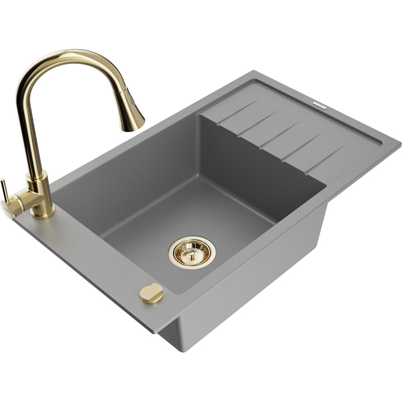 Mexen Elias fregadero de granito de 1 seno con escurridor y grifo de cocina Elia, gris - 6511-71-670101-50