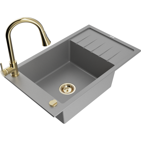 Mexen Elias lavello in granito a 1 vasca con scolapiatti e rubinetto da cucina Elia, grigio - 6511-71-670101-50