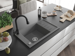 Mexen Elias granite sink 1-bowl with drainer and kitchen tap Elia, grey - 6511-71-670101-70