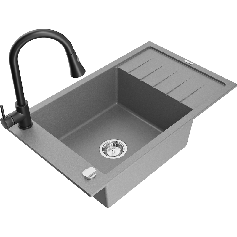 Mexen Elias fregadero de granito de 1 cubeta con escurridor y grifo de cocina Elia, gris - 6511-71-670101-70