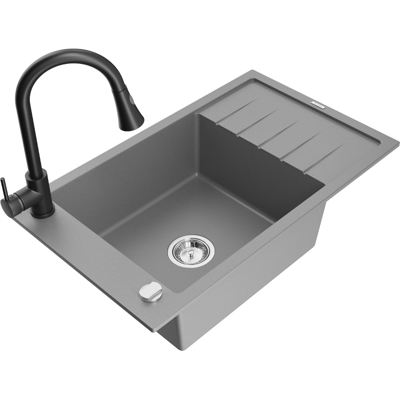 Mexen Elias granite sink 1-bowl with drainer and kitchen tap Elia, grey - 6511-71-670101-70