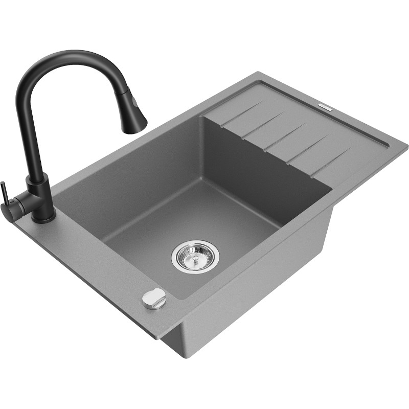 Mexen Elias zlewozmywak granitowy 1-komorowy z ociekaczem i baterią kuchenną Elia, szary - 6511-71-670101-70
