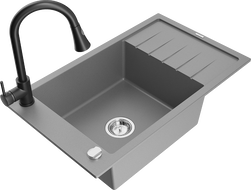 Mexen Elias granite sink 1-bowl with drainer and kitchen tap Elia, grey - 6511-71-670101-70