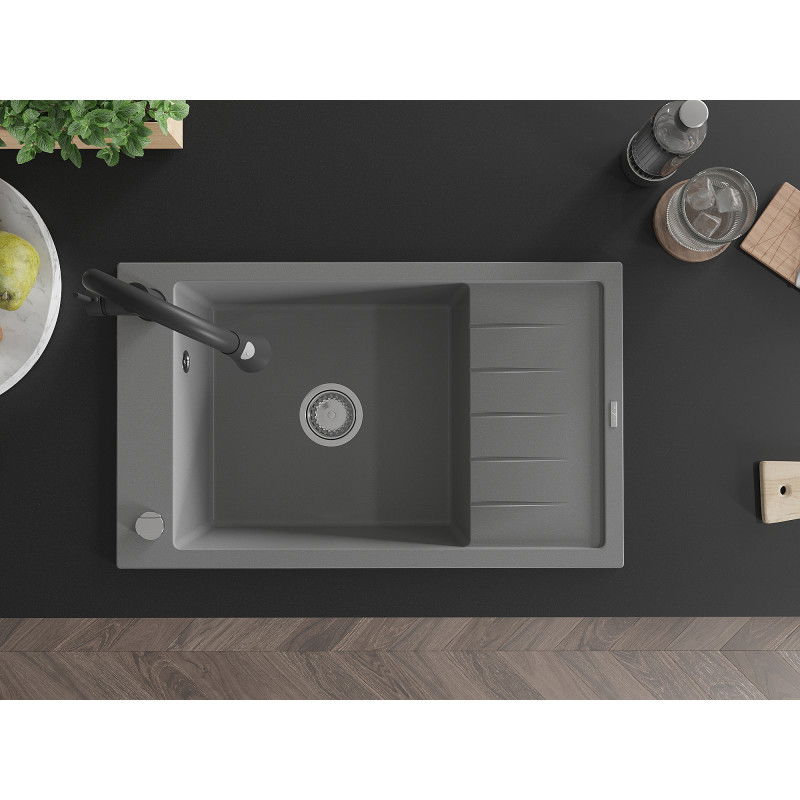 Mexen Elias granite sink 1-bowl with drainer and kitchen tap Elia, grey - 6511-71-670101-70