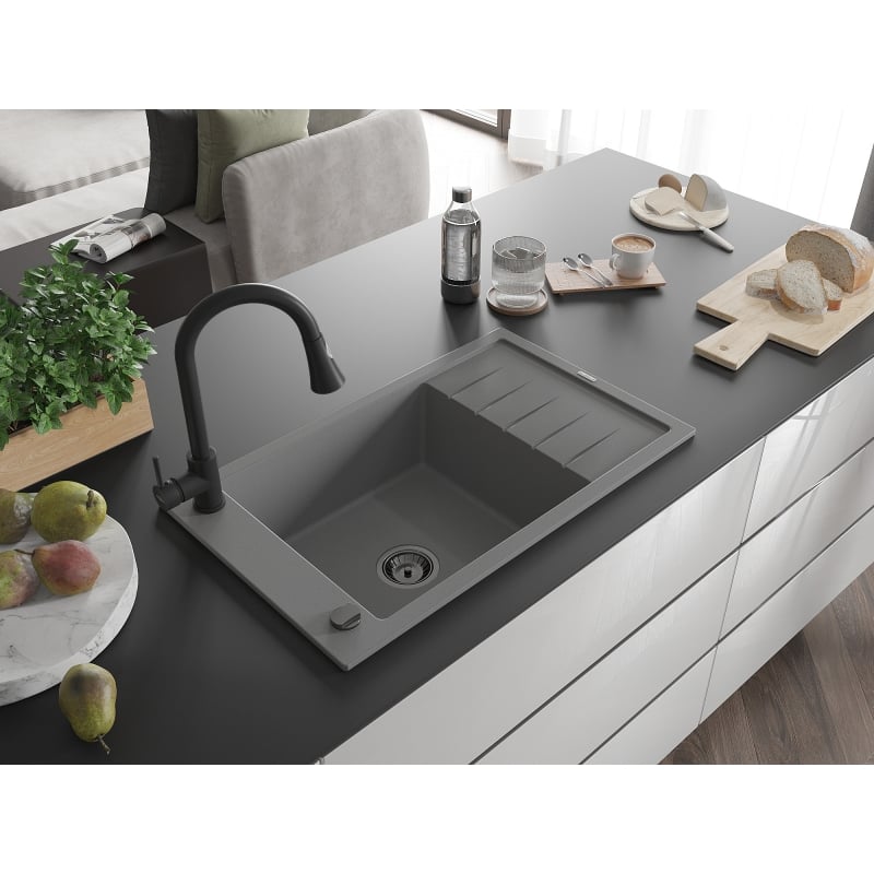 Mexen Elias 1-bowl granite sink with drainer and kitchen faucet Elia, gray - 6511-71-670101-70-B