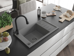 Mexen Elias 1-bowl granite sink with drainer and Elia kitchen tap, grey - 6511-71-670101-70-B