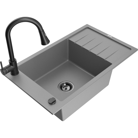 Mexen Elias 1-bowl granite sink with drainer and kitchen faucet Elia, gray - 6511-71-670101-70-B