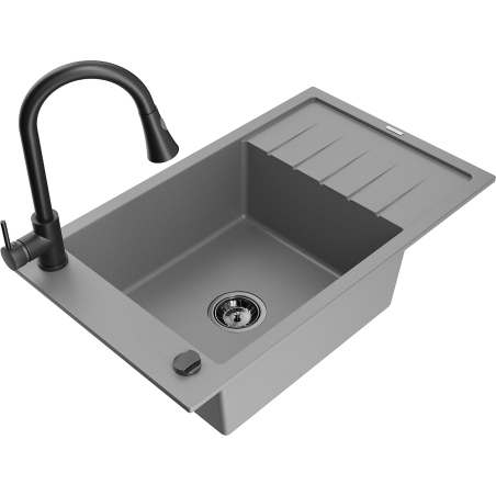 Mexen Elias granitdiskho 1-fack med avrinningsyta och köksblandare Elia, grå - 6511-71-670101-70-B