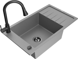 Mexen Elias 1-bowl granite sink with drainer and Elia kitchen tap, grey - 6511-71-670101-70-B