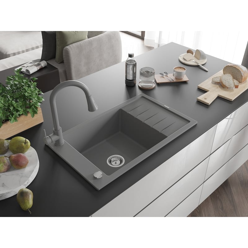 Mexen Elias 1-bowl granite sink with drainer and Elia kitchen faucet, gray - 6511-71-670101-71