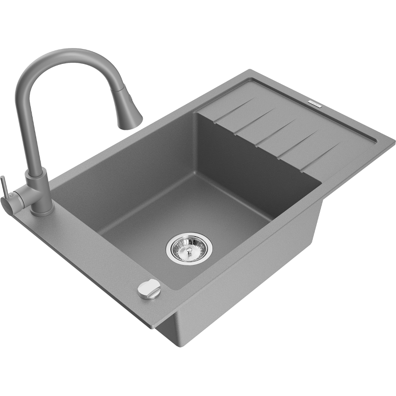 Mexen Elias 1-bowl granite sink with drainer and Elia kitchen tap, grey - 6511-71-670101-71
