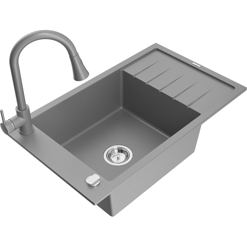 Mexen Elias fregadero de granito de 1 compartimento con escurridor y grifo de cocina Elia, gris - 6511-71-670101-71
