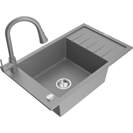 Mexen Elias 1-bowl granite sink with drainer and Elia kitchen faucet, gray - 6511-71-670101-71