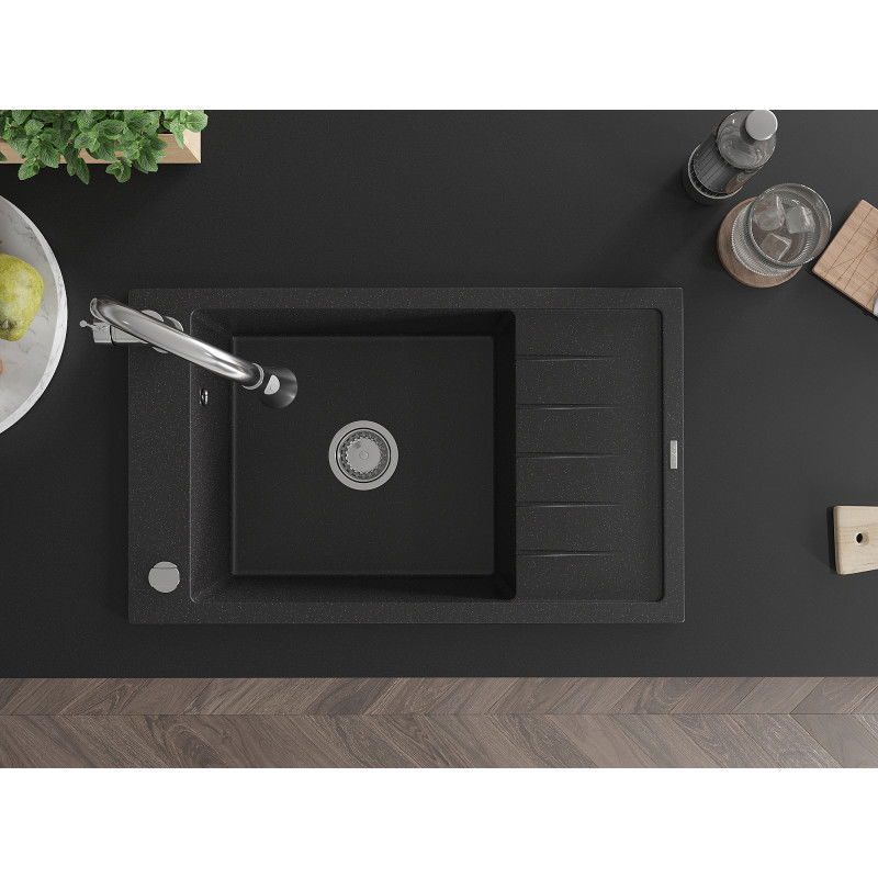 Mexen Elias 1-bowl granite sink with drainer and Elia kitchen tap, black/silver metallic - 6511-73-670101-00
